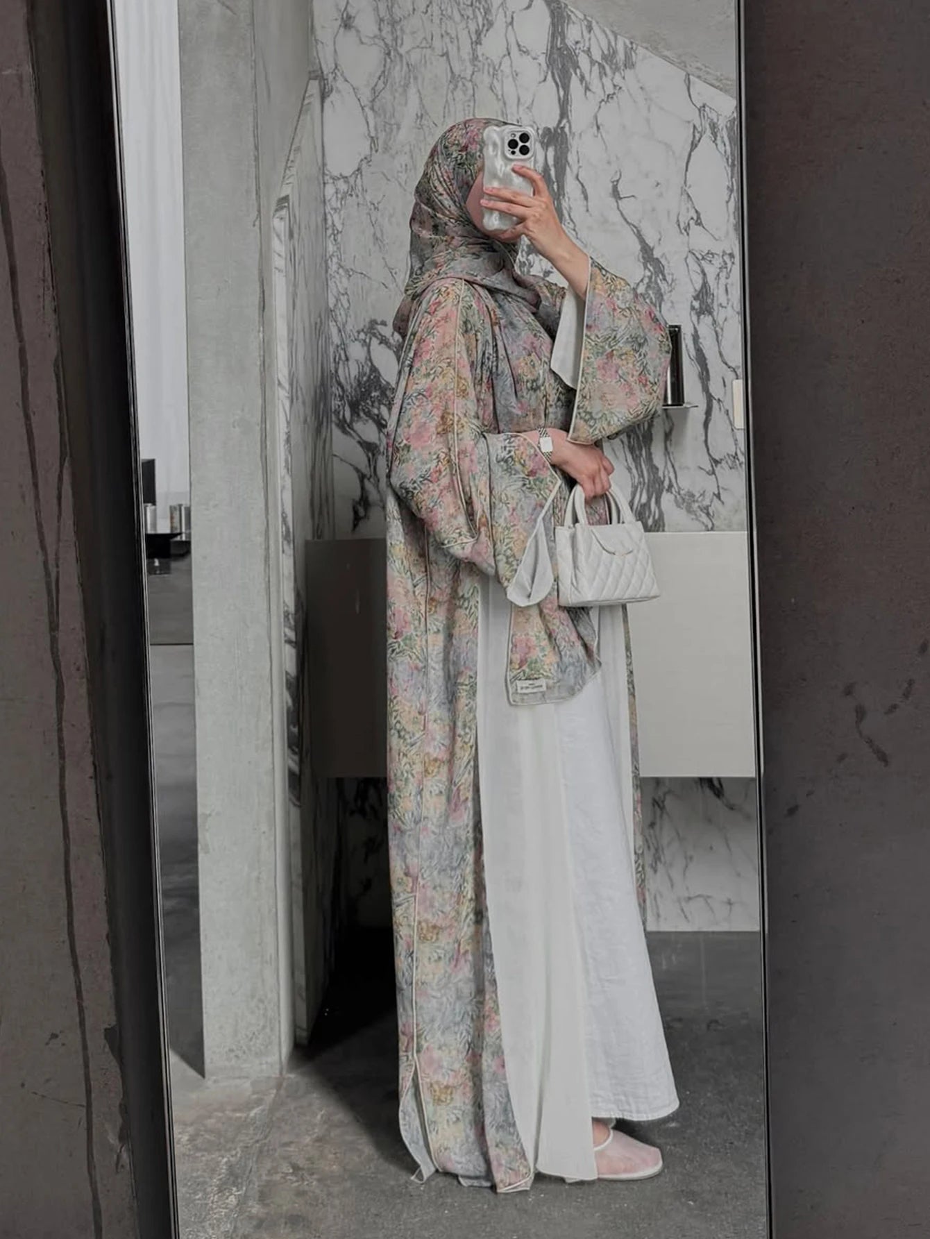 Middle Eastern Elegant Arabic Traditional Cardigan Long-Sleeved Floral Print Abaya Robe with Headscarf