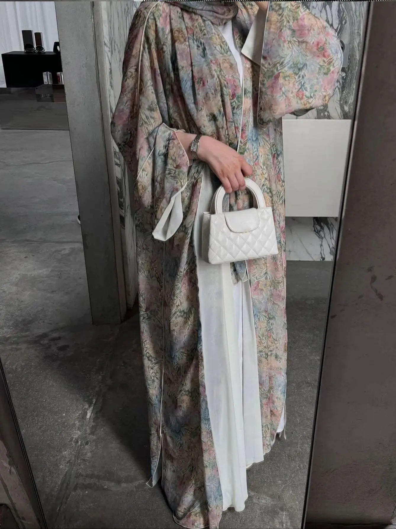 Middle Eastern Elegant Arabic Traditional Cardigan Long-Sleeved Floral Print Abaya Robe with Headscarf